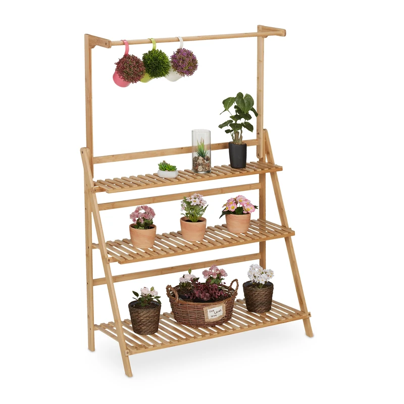 Relaxdays Plant Stand, 3 Tiers & Hanging Rod, HWD 145.5 x 100 x 38 cm, Bamboo, Folding Flower Pot Shelves, Wood, Natural