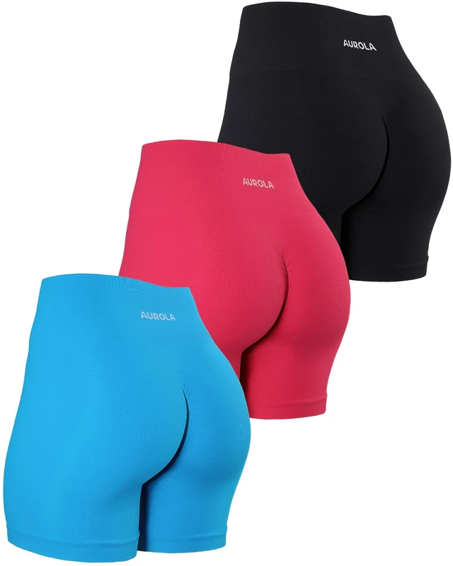 AUROLA Power Workout Shorts for Women Tummy Control Squat Proof Ribbed Thick Seamless Scrunch Active Short, Pack(Black/Raspberry Sorbet/Blue Danube), S