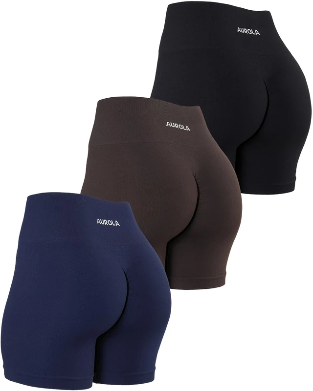 AUROLA Power Workout Shorts for Women Tummy Control Squat Proof Ribbed Thick Seamless Scrunch Active Short, Pack(Black/Naval Academy/Chocolate Torte), S