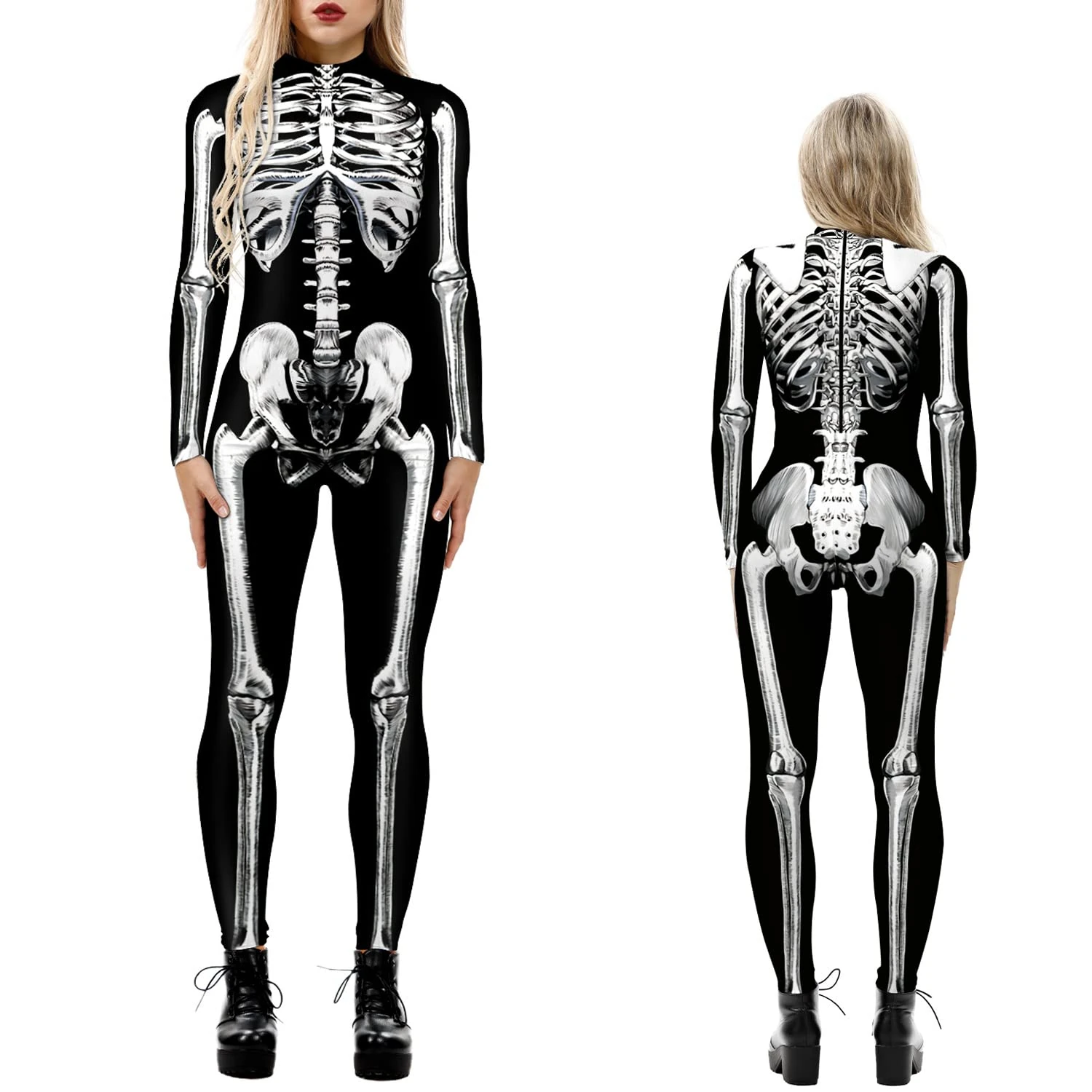 NEWUPZSI Halloween Costume Women's Skeleton Jumpsuit Lady Catsuit Skull Skeleton Jumpsuit Bone Long Sleeve Skinny Skeleton Catsuit Cosplay Jumpsuit Body Suit Carnival Carnival Theme Parties