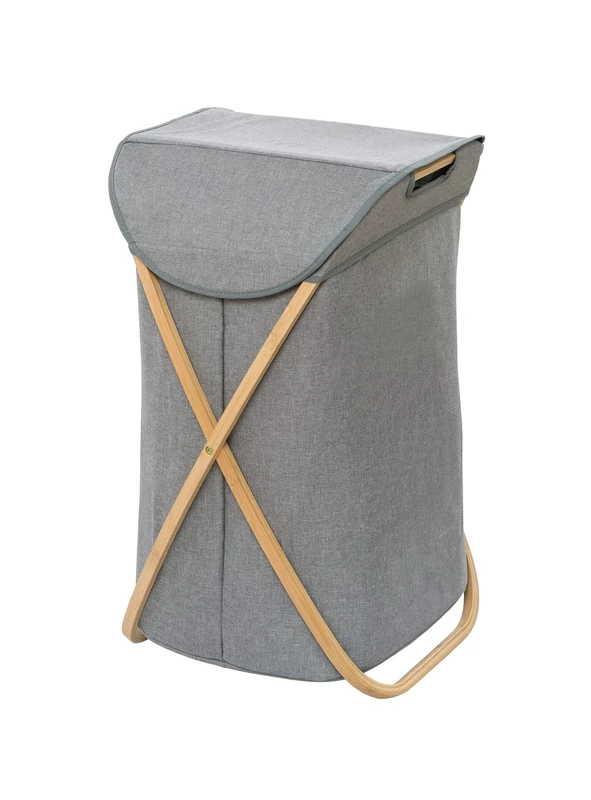 WENKO Nori Laundry Hamper Bamboo Frame Laundry Bag 100% Polyester Foldable Capacity 79 Litres 40 x 68 x 46 cm Brown/Grey
