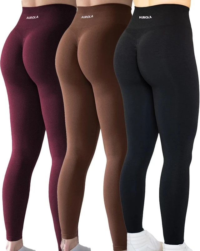AUROLA Workout Leggings for Women Seamless Scrunch Tights Tummy Control Gym Fitness Girl Sport Active Yoga Pants, Pack(Black/Black Cherry/Dandelion Brown), Large