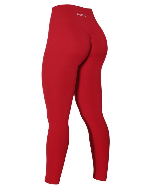 AUROLA Power Workout Leggings for Women Tummy Control Squat Proof Ribbed Thick Seamless Scrunch Active Pants, Flame Red, Large