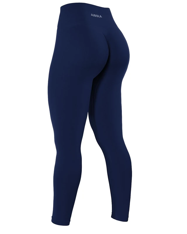 AUROLA Power Workout Leggings for Women Tummy Control Squat Proof Ribbed Thick Seamless Scrunch Active Pants, Naval Academy, M