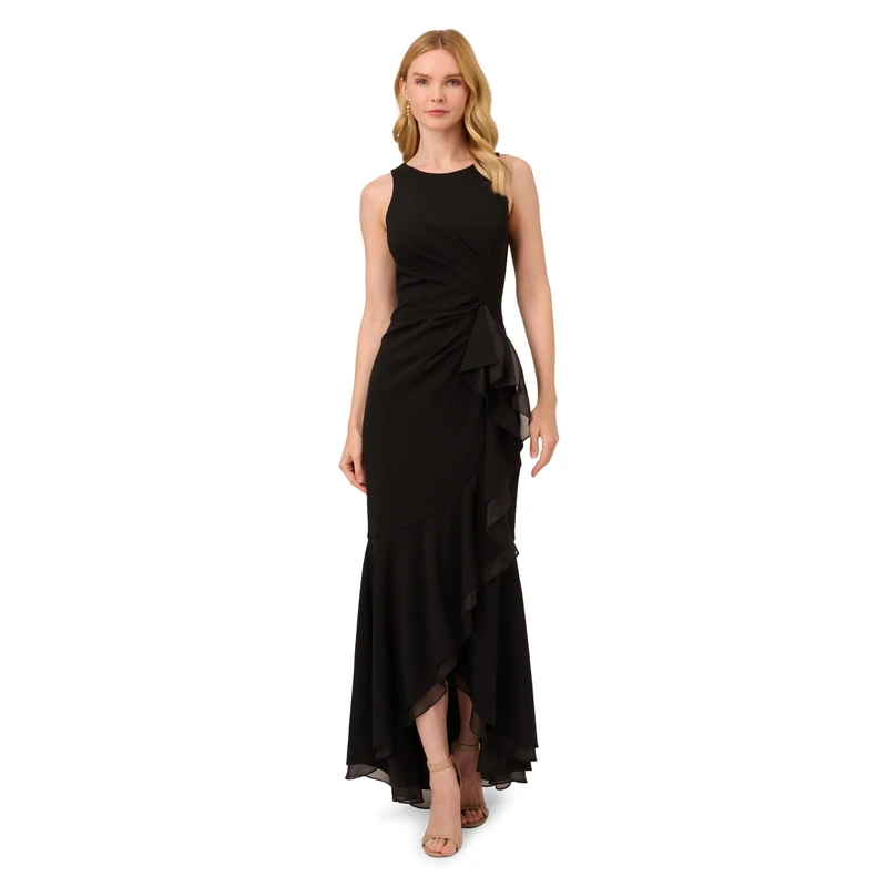 Adrianna Papell Women's Ruffle Crepe Halter Gown, Black, 10