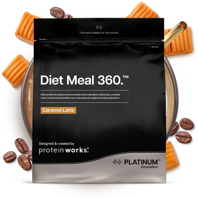 Protein Works | Diet Meal 360 - PLATINUM Innovation, Diet Meal Replacement Shake, Supports Weight Loss, 26 Vitamins & Minerals, Added Flaxseed, Inulin, Omega 3, Caramel Latte, 8 Meals, 500g