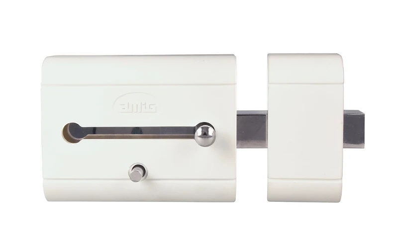 Amig - High Security Overlay Lock for Wooden Doors - 98 x 77 mm - with Round Security Cylinder and Latch - Protection for Your Home - White Steel