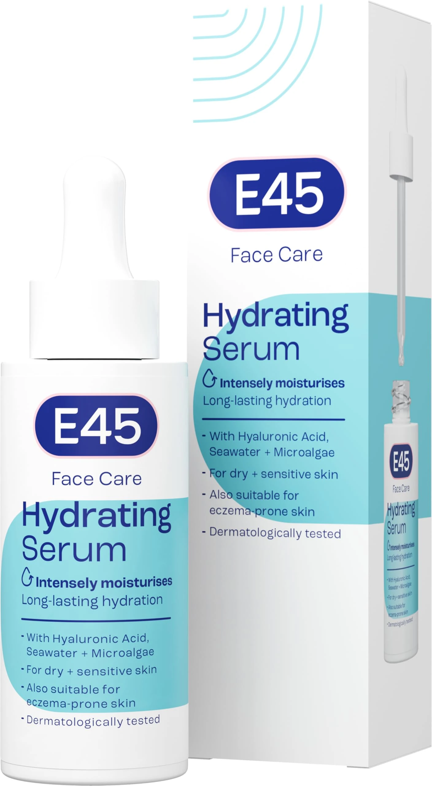 E45 Face Hydrating Serum - Instant 48-Hour Hyaluronic Acid Formula for Dry, Sensitive & Eczema Prone Skin - Rehydrating & Reinvigorating Serum – Perfume Free - Dermatologically Tested - 30ml