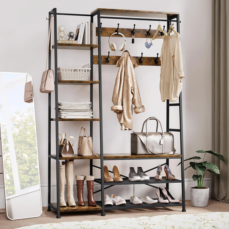 YITAHOME Coat Rack Stand with Shoe Storage, Tall Hall Tree with Bench Industrial Coat Rack with 9 Hooks and 5 Shelves Clothes Rail for Bedroom Living Room Hallway Entryway, Rustic Brown
