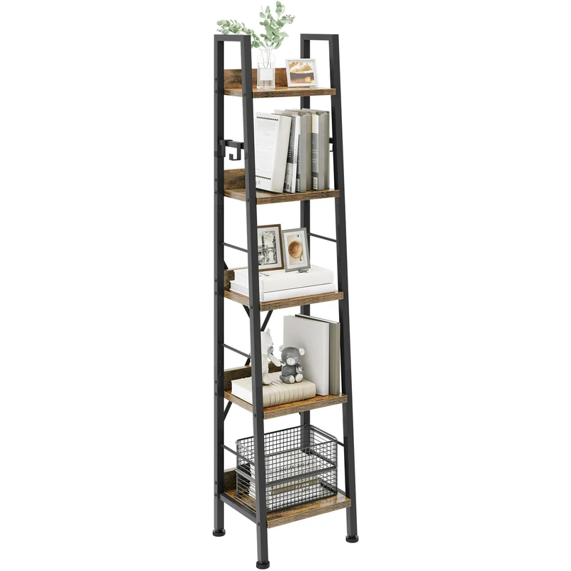 YITAHOME Bookcase 5 Tiers, Industrial Ladder Shelf Floorstanding Book Shelf Wooden Shelves and Metal Frame Book Rack Modern Shelving Unit for Living Room, Hallway, Office, Rustic Brown Bookshelf