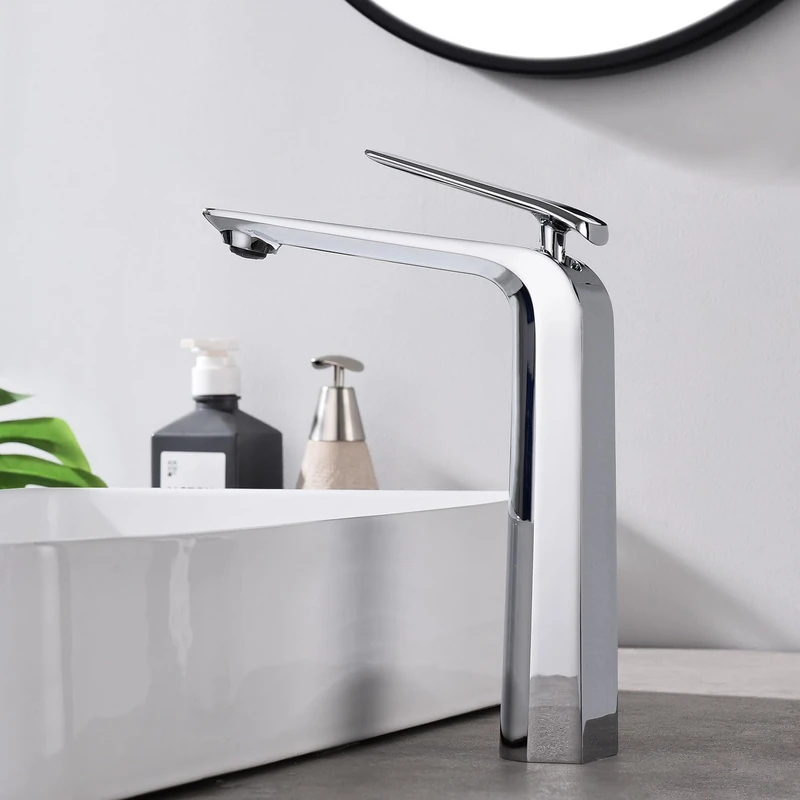 TOCALOCA Tall Bathroom Taps Chrome Silver Basin Mixer Tap Single Lever 1 Hole Modern Vessel Basin Faucet Polished Chrome Basin Faucet Brass