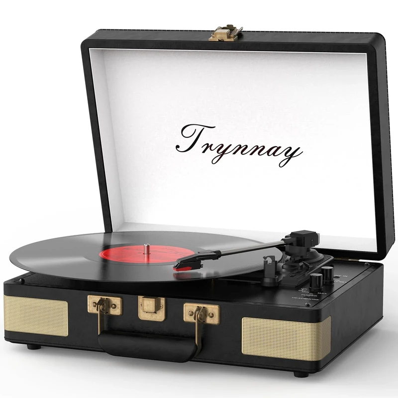 Trynnay Record Player 3 Speed Bluetooth Portable Suitcase Vinyl Player with Built-in Speakers Turntable Enhanced Audio Sound Waxed Leather Vintage Black