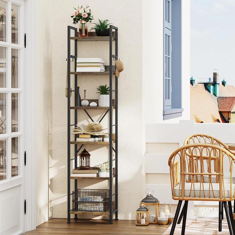YITAHOME Bookcase 6 Tiers, Floor Standing Book Shelf with 4 Hooks, Wooden Shelf and Metal Frame Book Rack Industrial Tall Shelf Unit Storage for Living Room, Home Office, Rustic Brown Bookshelf
