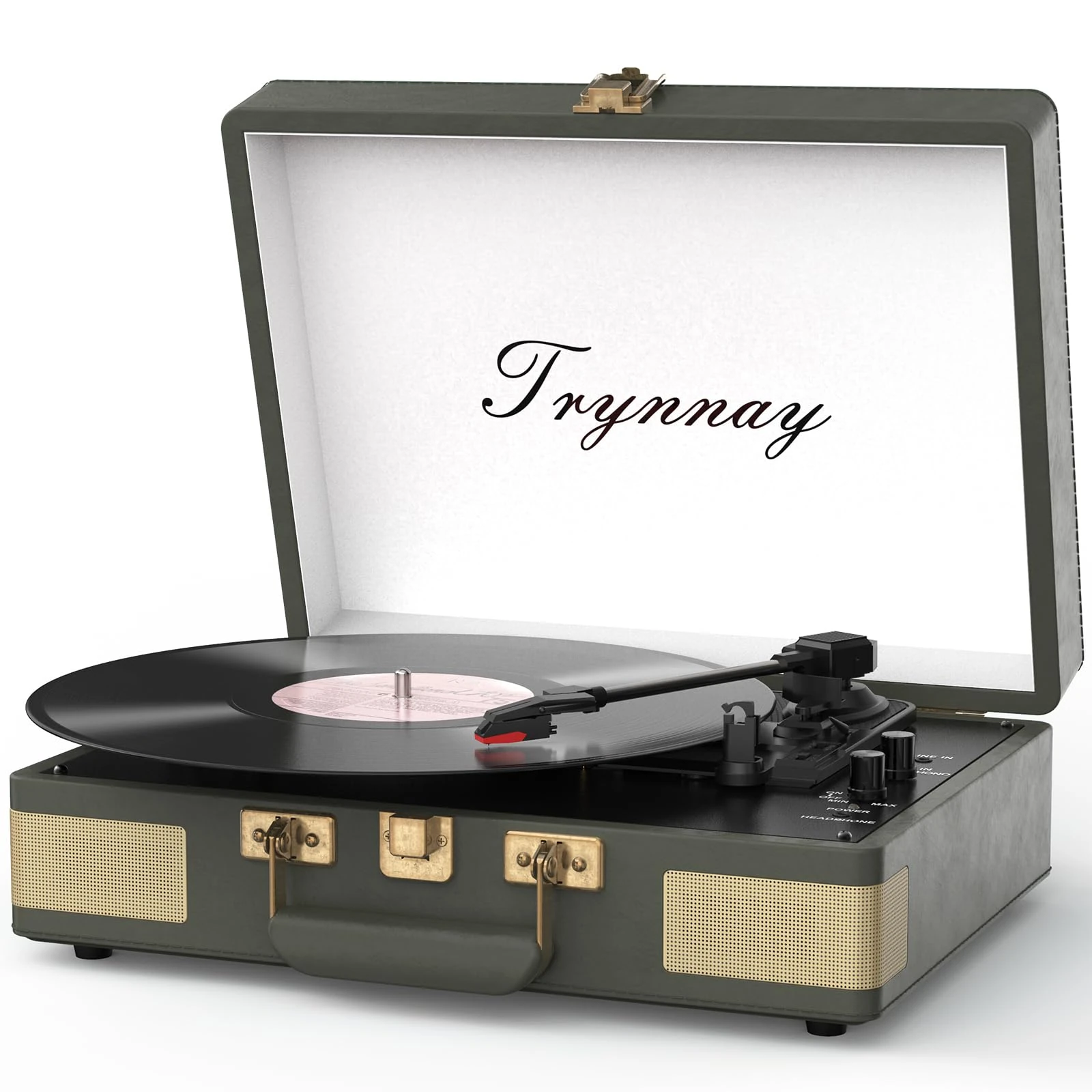 Trynnay Record Player 3 Speed Bluetooth Portable Suitcase Vinyl Player with Built-in Speakers Turntable Enhanced Audio Sound Waxed Leather Vintage Grey