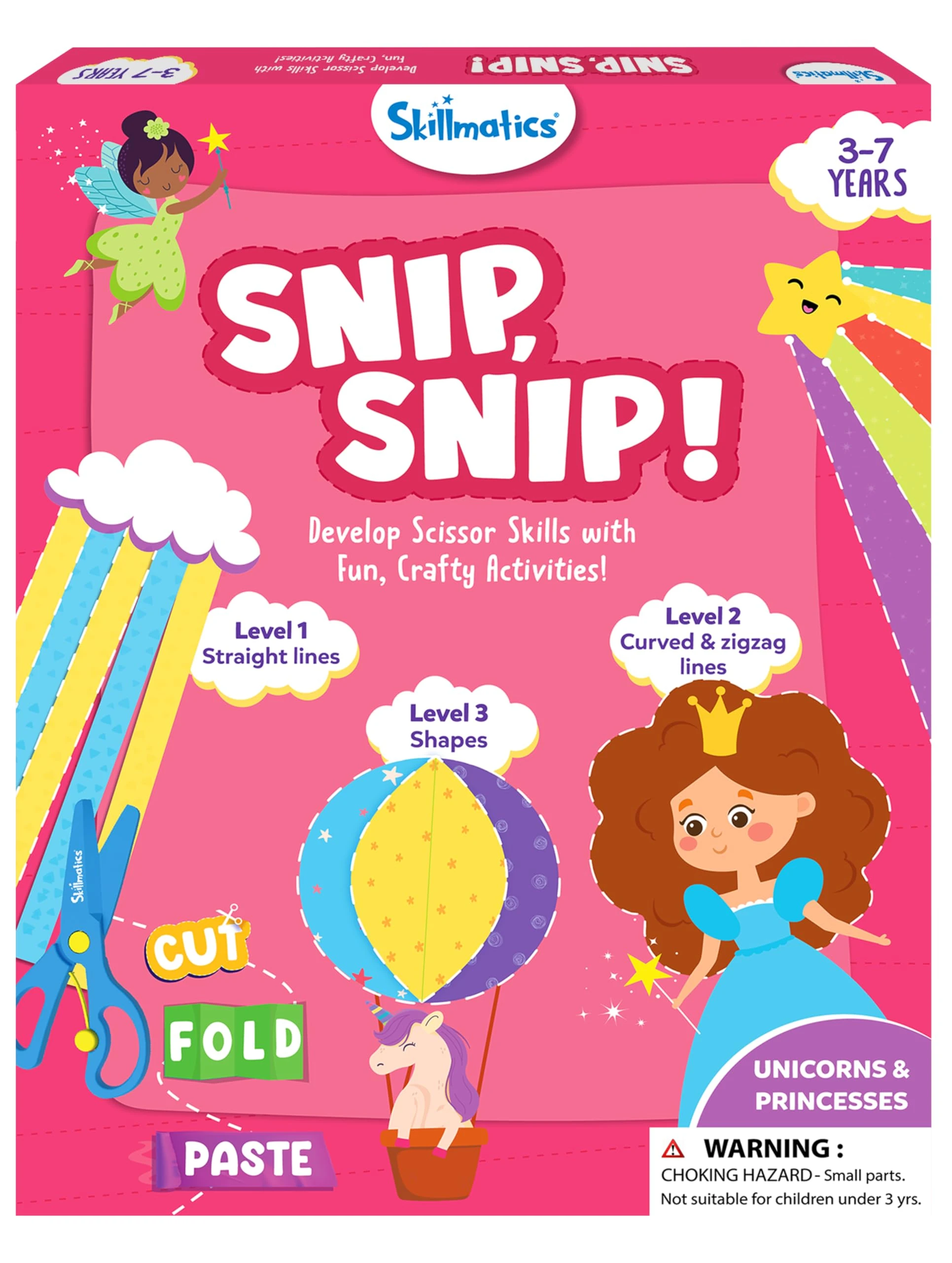 Skillmatics Scissor Skills Activity Book - Snip Snip Unicorns & Princesses, Stocking Stuffers, 25 Fun Cutting Activities, 2 Child-Safe Scissors, Felt Craft Kit, Christmas Gifts for Ages 3, 4, 5, 6, 7