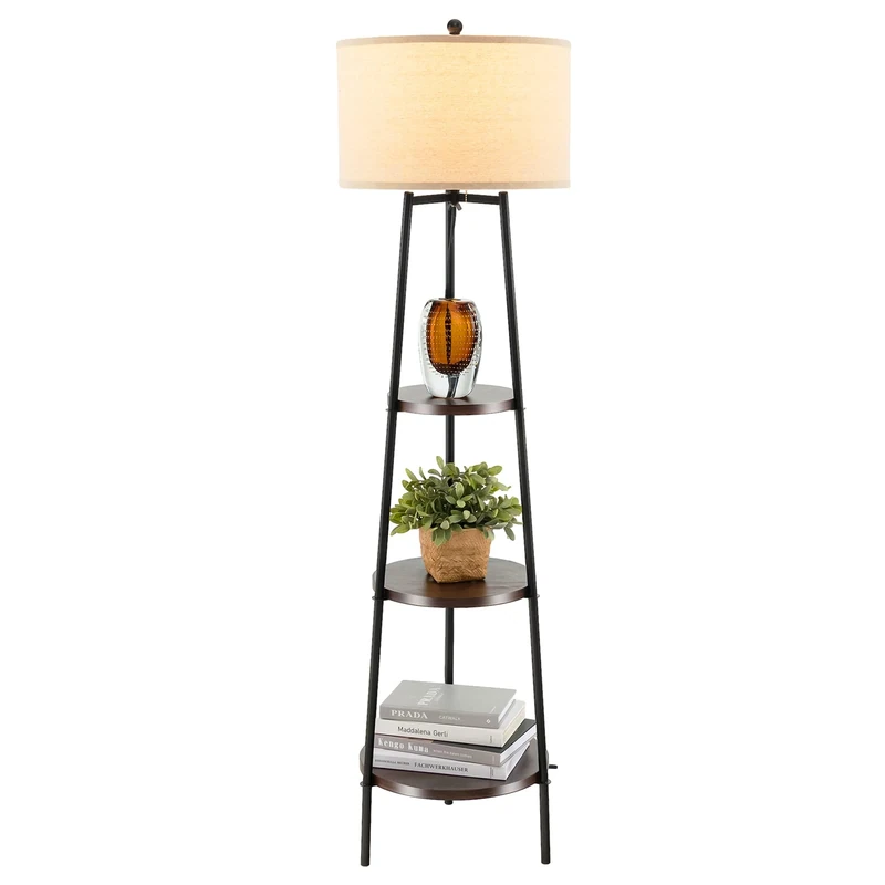 TANGZON Tripod Floor Lamp with Shelves, 3 Layers Wooden Shelf Tall Standing Light with Linen Lampshade & E27 Socket, Reading Lamp for Living Room Bedroom Decoration (Round)