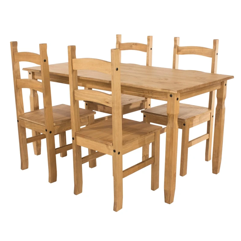 Home Source Solid Pine Wood 4 Chair Kitchen Dining Set, 118cm Rectangular Table, Matching Chairs, Natural Finish