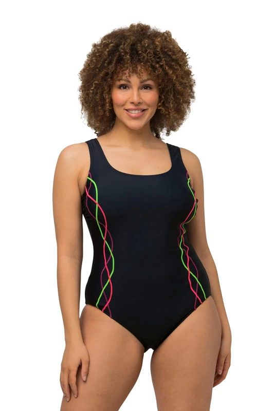 Ulla Popken Women's Marine One Piece Swimsuit - Curved Pipings, UPF 20+