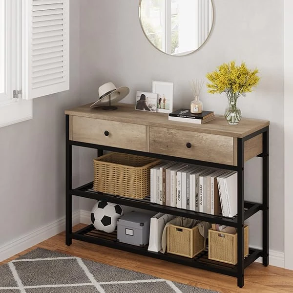 GAOMON Console Table with 2 Drawers and 2 Tiers Open Shelf - Metal Frame, Durable Structure - Ideal for Hallway, Living Room, Bedroom, Entryway in Brown