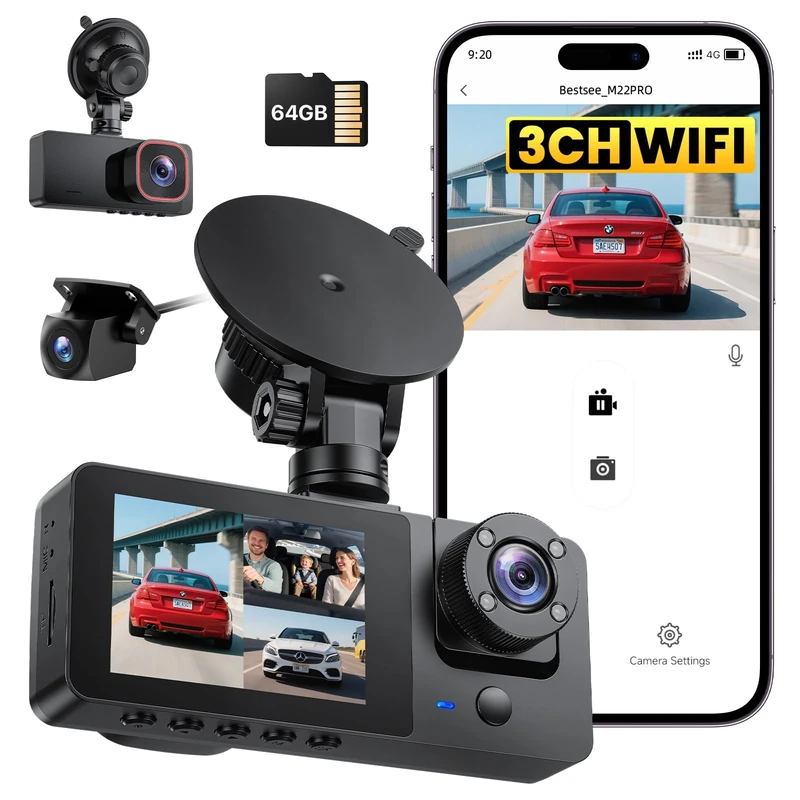 Bestsee 1080P Dashcam Auto Vorne Hinten und Innen mit 64GB SD-Karte, Autokamera mit Parküberwachung, Bewegungserkennung, Infrarot Nachtsicht, G-Sensor, Loop-Aufnahm, WDR, Sichtwinkel（170°+150°+150°) - Image 1