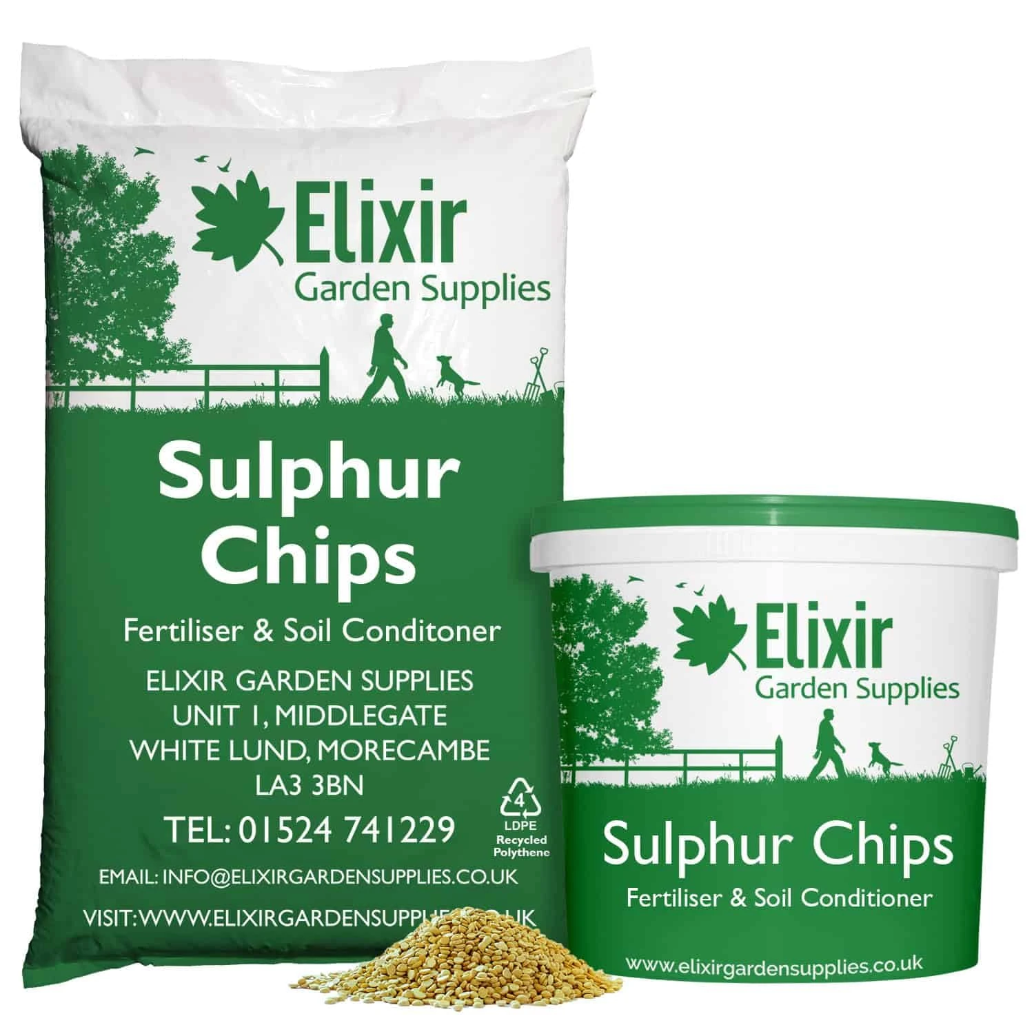 Elixir Gardens Sulphur Chips Pastilles Soil Acidity Fertiliser | Granular Alkaline Soil Amendment & Booster for Acidic & Ericaceous Plants | 15kg Bag