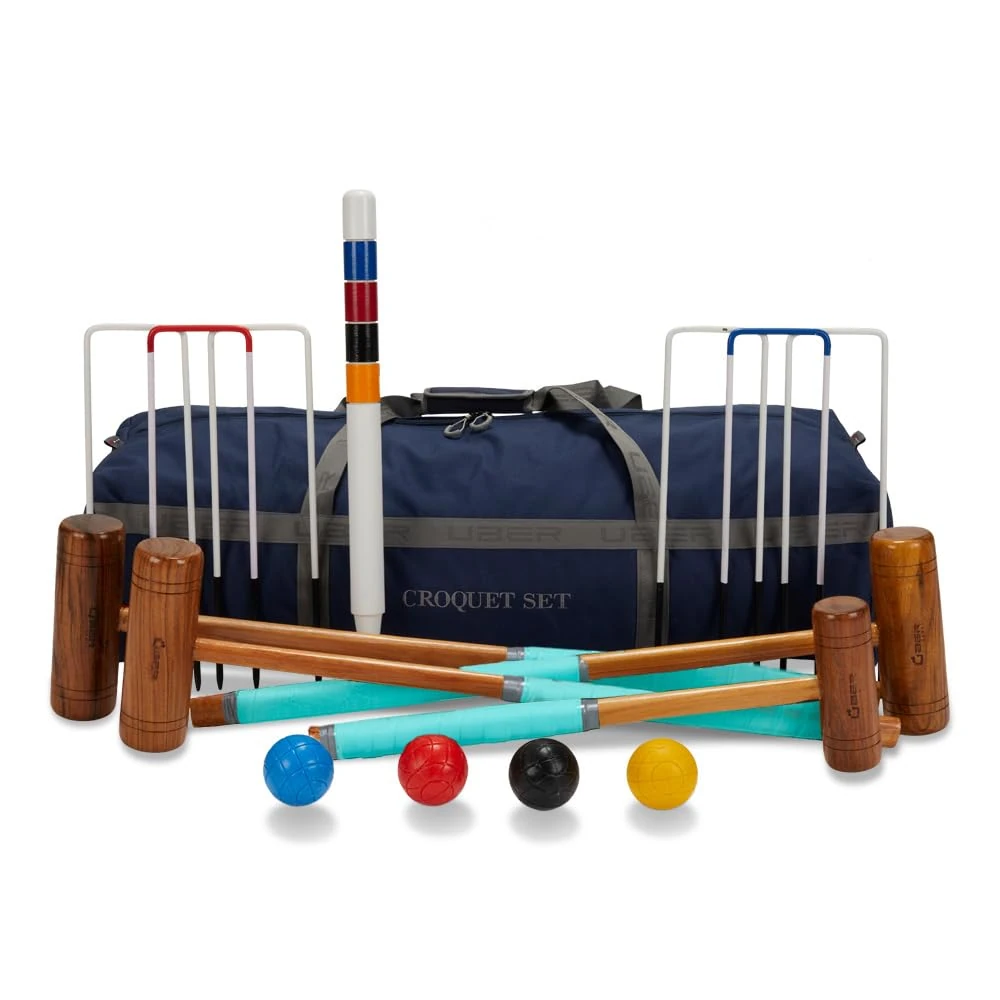 Uber Games Family Croquet Set Only - Contains 4 different sizes of mallets, 4 moulded plastic croquet balls, 6 steel hoops