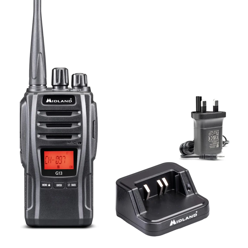 Midland - G13 Walkie Talkie, License Free, Walkie Talkies for Hunting, UK Plug and Belt Clip, Long Lasting Radio, Touch Recognizable Control Layout, Waterproof, Rechargeable Battery Pack