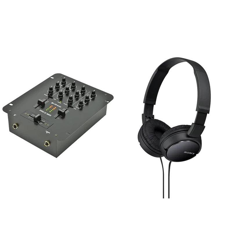 citronic PRO-2b 2 Channel DJ Mixer with 5 Inputs & Sony MDR-ZX110 Overhead Headphones - Black, BASIC, Pack of 1