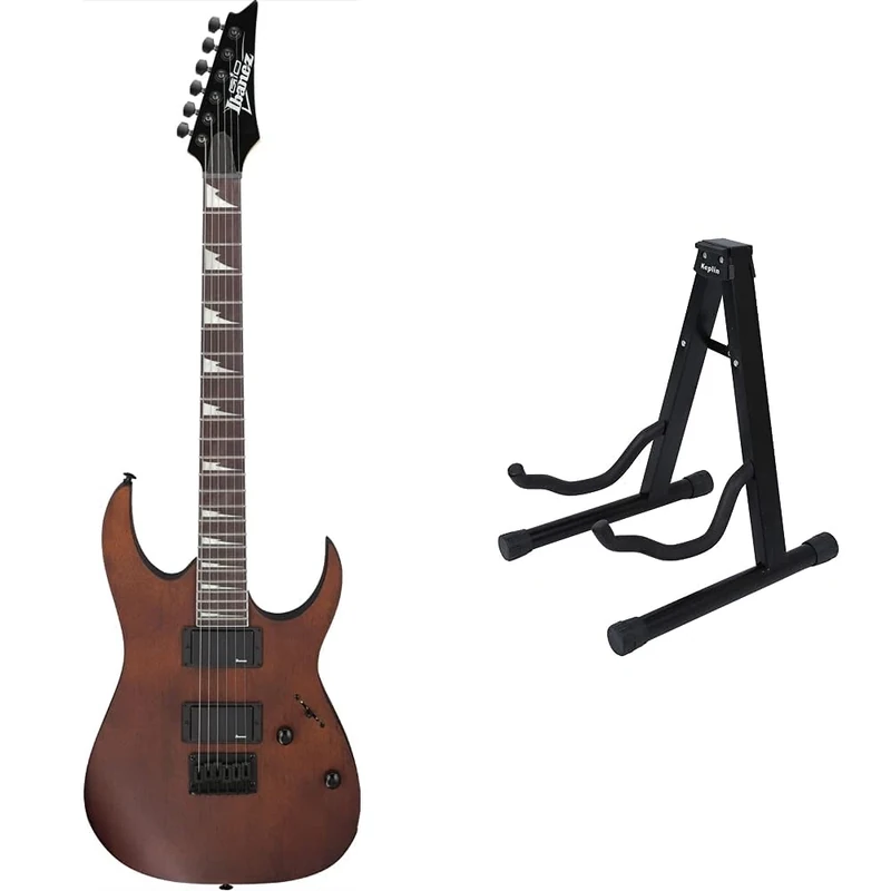 Ibanez GRG121DX GIO Range - Electric Guitar - Walnut Flat & KEPLIN Guitar Stand A Frame Foldable Universal Fits All Guitars Acoustic Electric Bass Stand A (Guitar Stand)