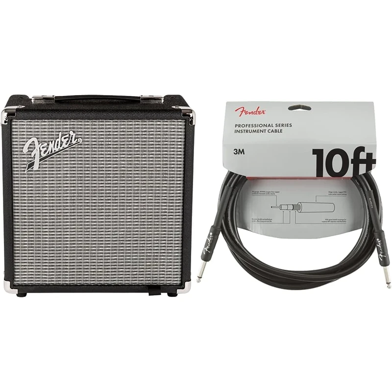 Fender Rumble 15-15W Electric Bass Guitar Combo Amplifier - Suitable for Electric Bass Guitar & 990820025 Professional Series Instrument Cable - 10 ft - STR/ANG - black, 3 metre