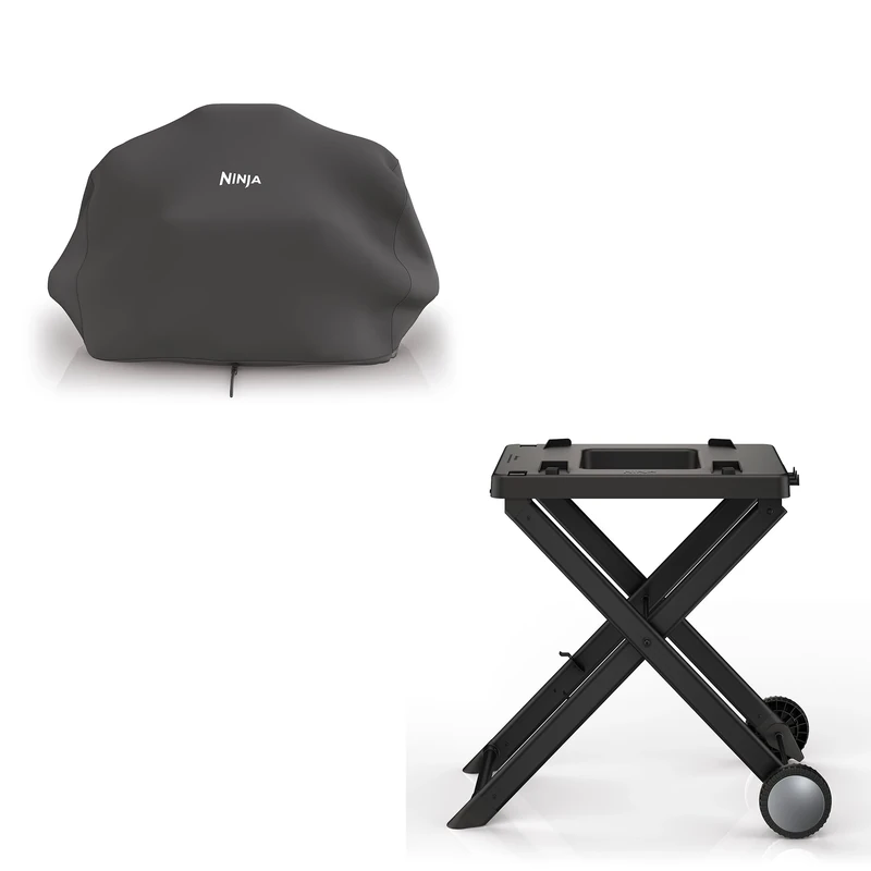 Ninja Folding Grill Stand for Woodfire Electric BBQ (OG700 Series) + Grill Cover, Black
