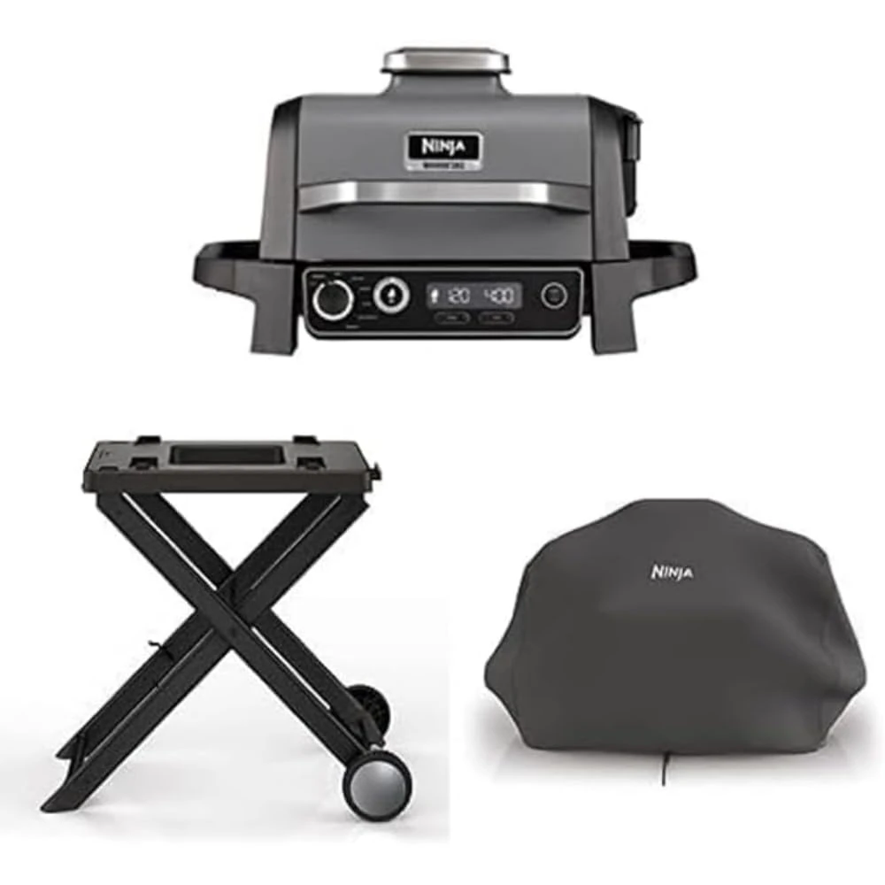 Bundle of Ninja Woodfire E. BBQ & Smoker, 7-in-1 Outdoor Barbecue & Air Fryer OG701UK + Folding Grill Stand + Water Resistant Grill Cover