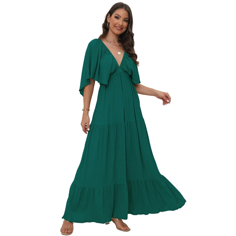 Women's Summer V-Neck, Tiered Silhouette with Flutter Sleeves Maxi Dress for Casual, Dark Green, S