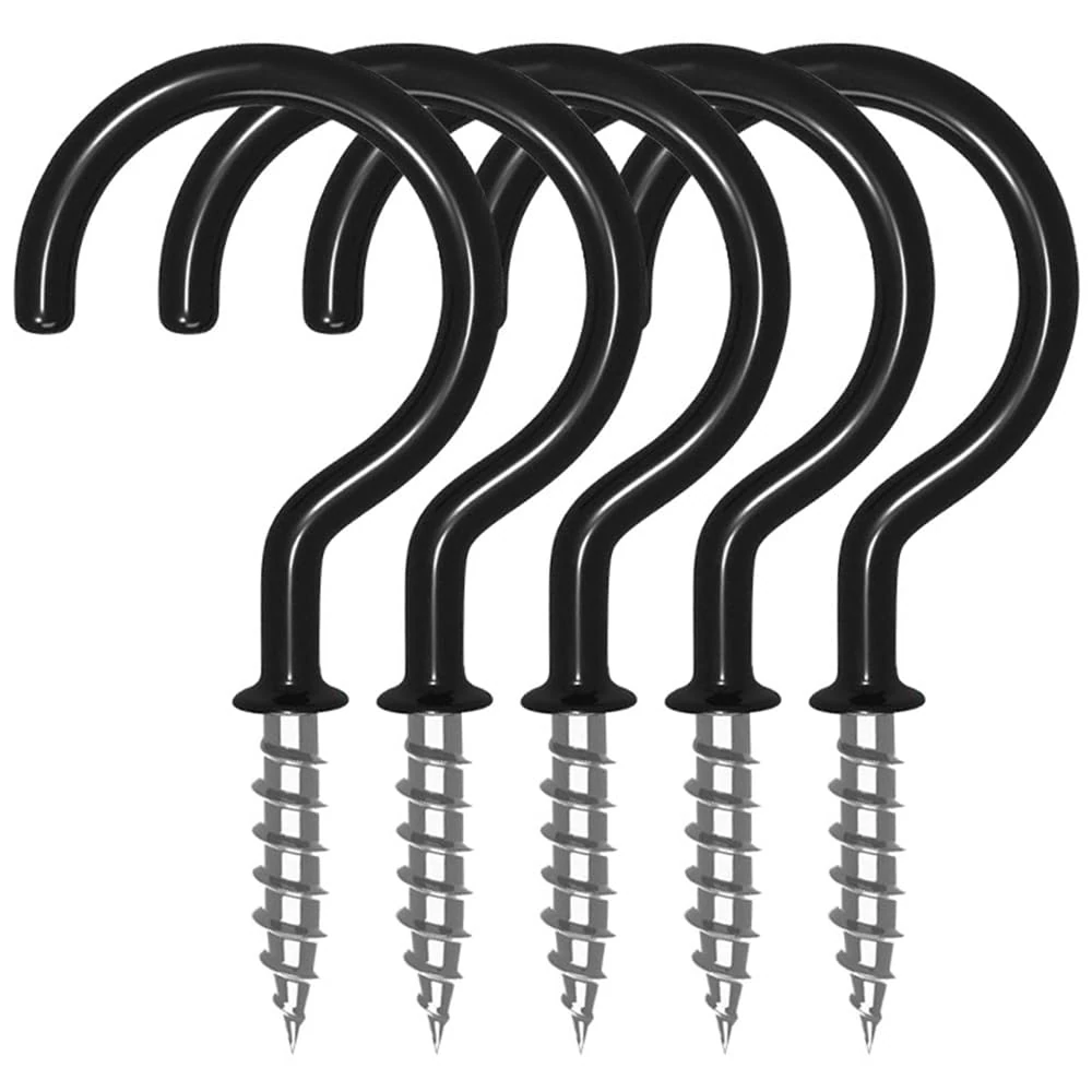 XFentech 16 Pcs Cup Hooks Screw - 2.9 Inch Metal Ceiling Hooks with PVC Plastic Vinyl Coating Black Screw in Hooks for Hanging Plants, Cups, Lights, Kitchen Utensils