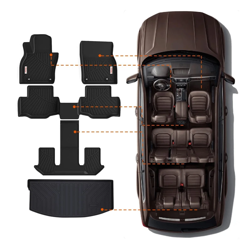 TESSON Floor Mats 3 Row Liners Set &Cargo Liners Custom Fit for 2024 Mazda CX-90,All Weather Waterproof TPE Rubber Car Mats Carpet & Rear Trunk Mats