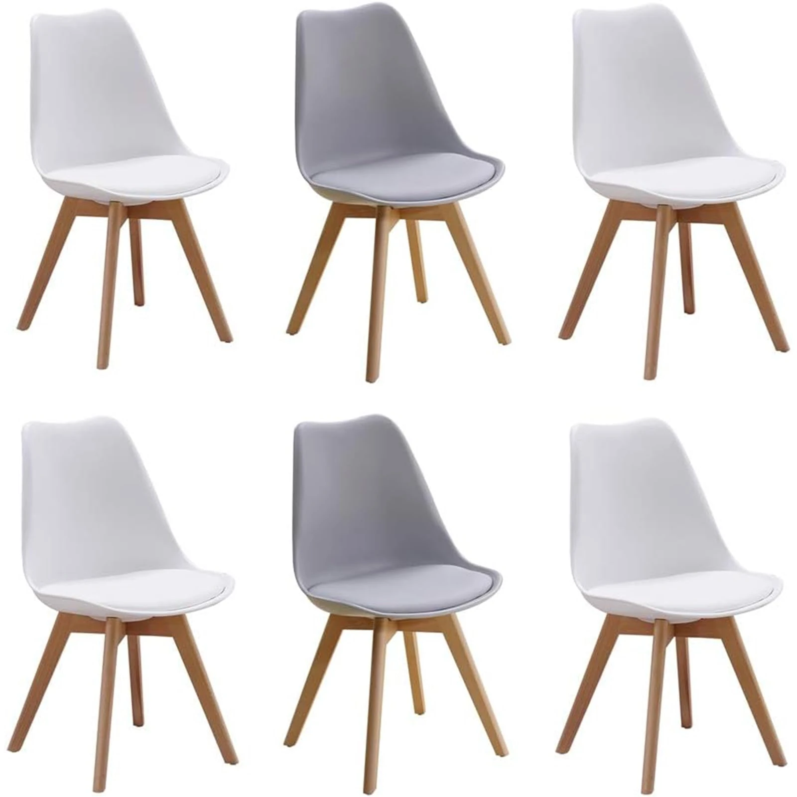 Homcasa Set of 6 Modern Design Dining Chairs, with Cushioned PU Seat and Solid Wood Legs Retro Lorenzo Lounge Chair (White*4+Grey*2)