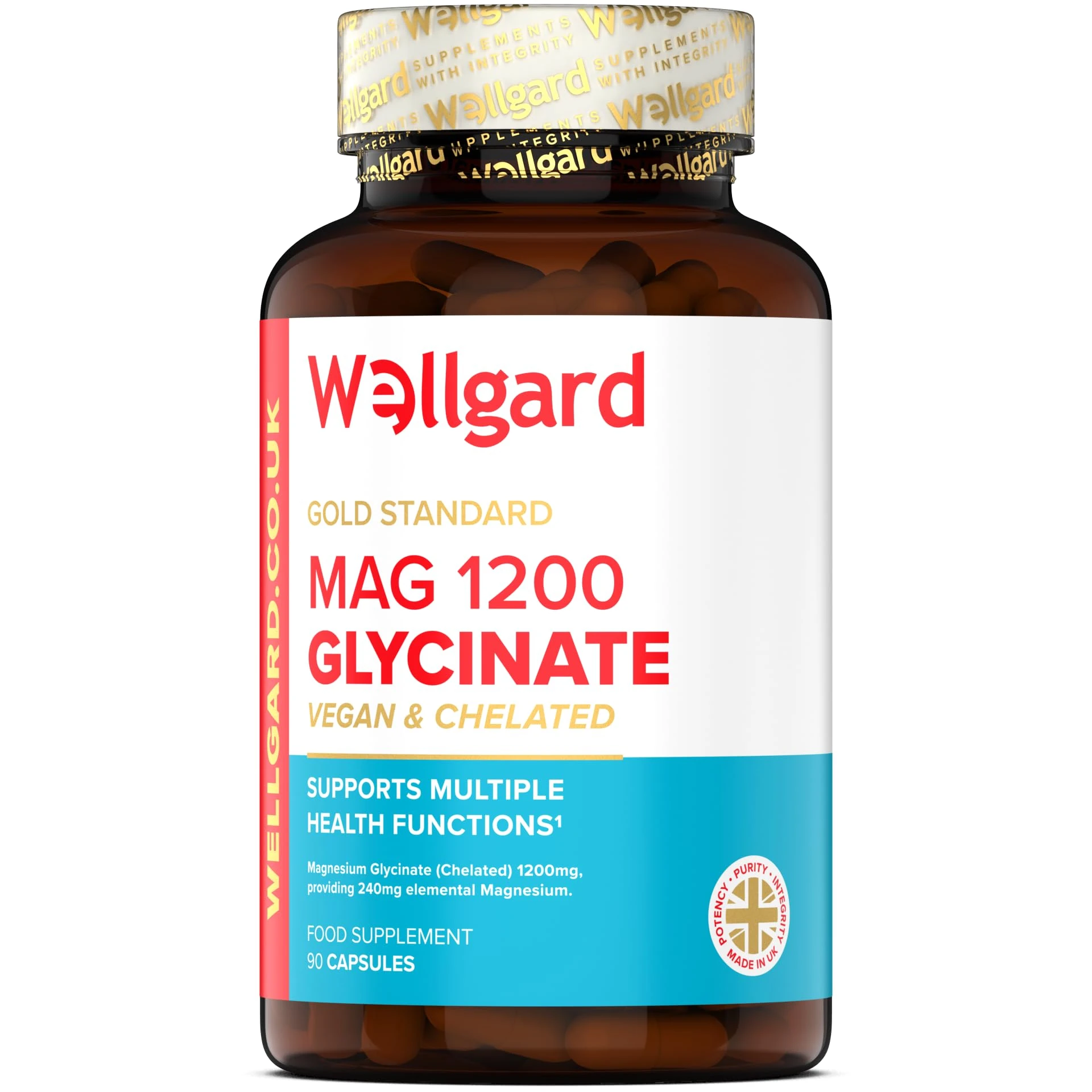 Pure Magnesium Glycinate by Wellgard - Not Mixed with Citrate or Malate, High-Strength Magnesium Supplement, Mag 1200, Vegan, High Absorption Bisglycinate, 240mg Elemental Magnesium, Made in UK