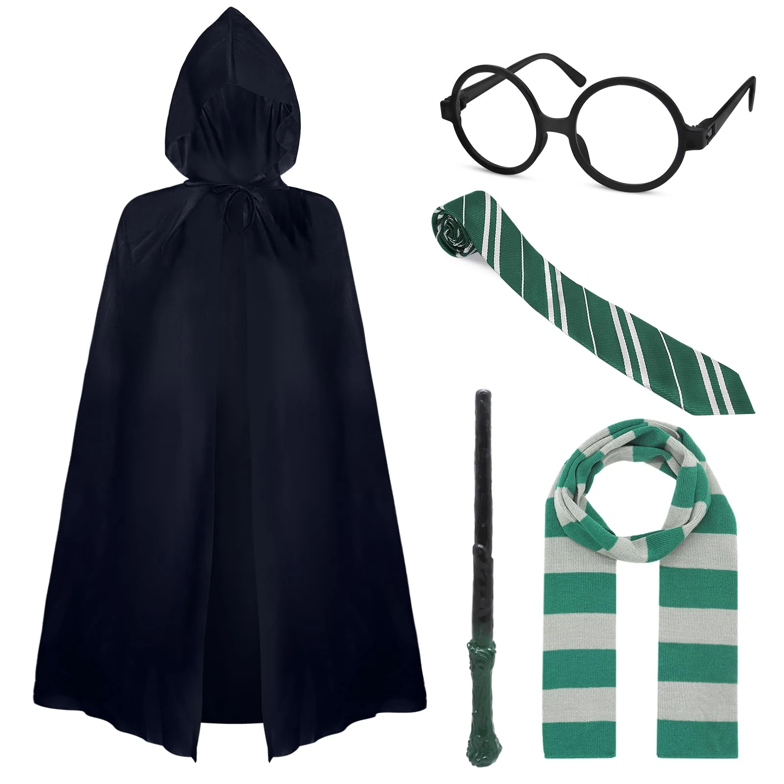 5pcs Adult Wizard Costume Accessories Set, Wizard Fancy Dress with Hooded Black Cape Wand Scarf Tie Glasses Frame, World Book Day Halloween Cosplay Fancy Outfits for Men and Women (Green, 175cm)