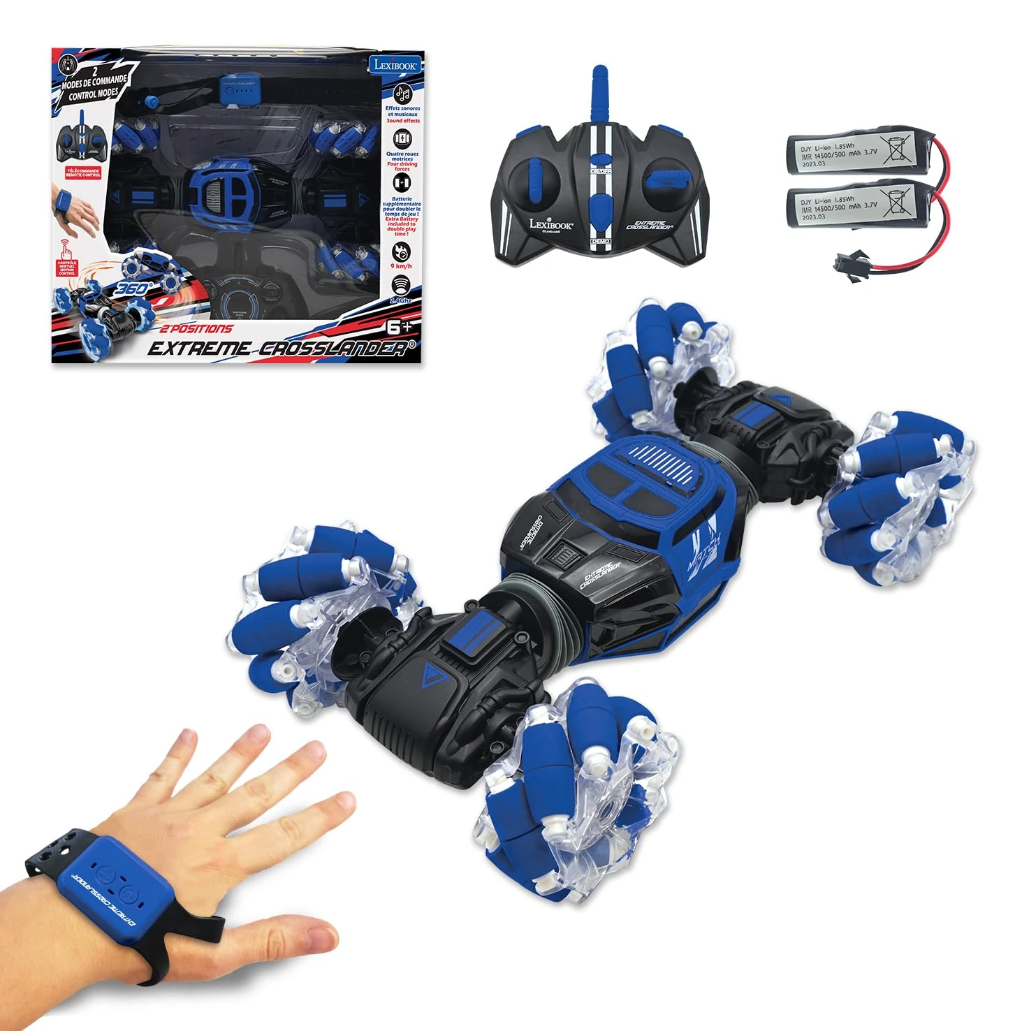 LEXIBOOK, Extreme Crosslander®, Luminous all-terrain radio controlled car, bracelet remote control, rechargeable, electronic action game, Black/Blue, RC49