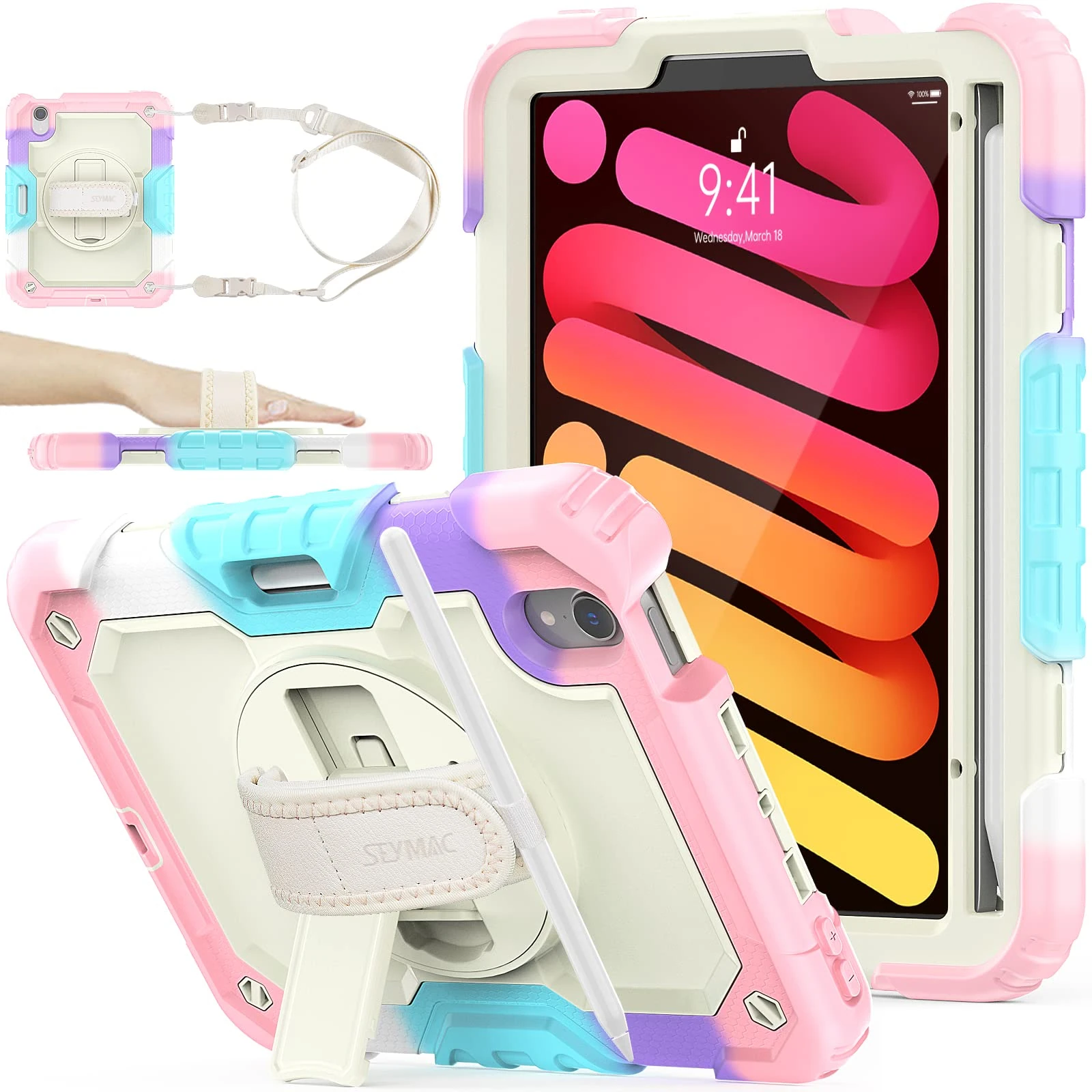 SEYMAC stock Case for iPad Mini 7 (A17 Pro)/ Mini 7th/6th Generation Case 8.3 inch(2024/2021), Full-body Shockproof Cover with 360° Rotating Stand/Hand Strap, Screen Protector & Pencil Holder, Pink