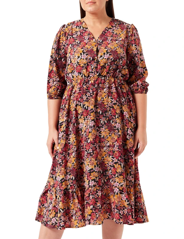 Usha Women's Floral Print Midi Dress - Black Multi-Coloured XL