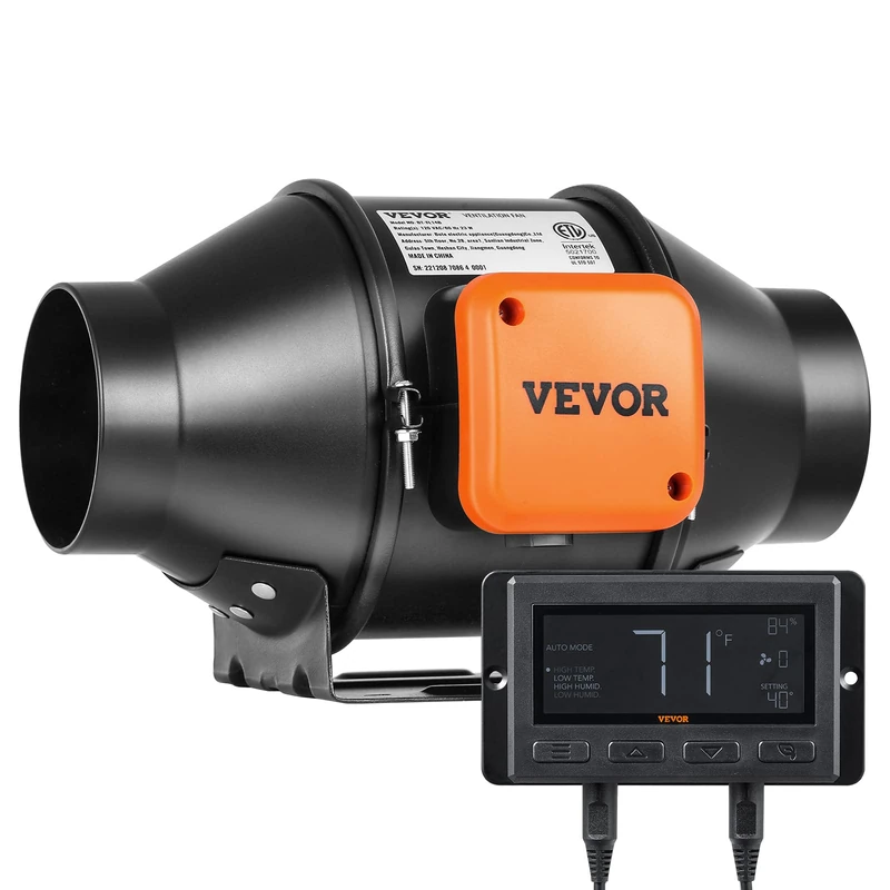 VEVOR Inline 4 Inch 205 CFM Channel Fan with Temperature Controller, Quiet EC Motor, Extractor Fan for Cooling Boosters, Growth Tents, Hydroponic