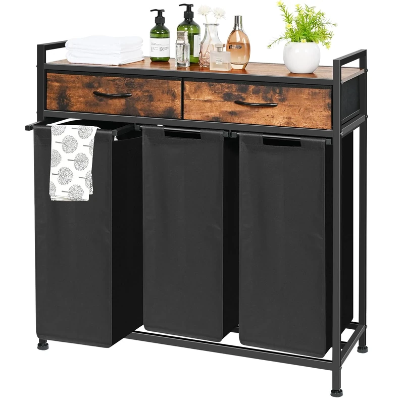 Laundry Sorter 3 Section, Laundry Hamper with Shelf and 2 Drawers, 180L Laundry Basket, laundry Organizer Cart, Pull-Out and Removable Oxford Fabric Laundry Bags,Rustic Brown and Black