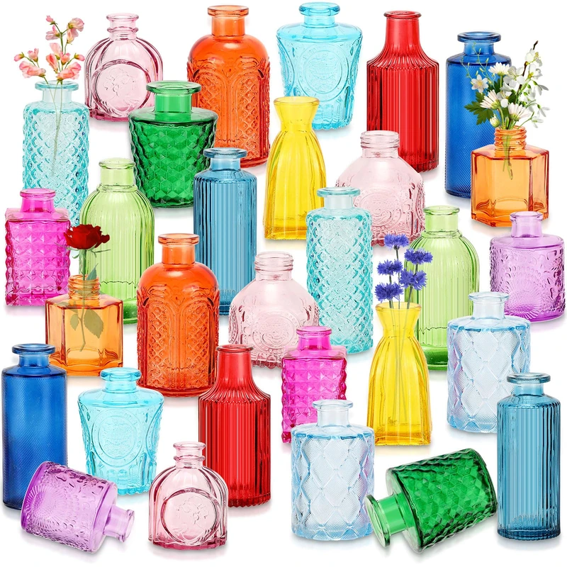 Yaomiao 30 Pcs Colored Glass Vases - Bulk Colored Flower Bud Vases with Vintage, Rustic, Embossed Designs for Home, Wedding, Gifts (Bright Color) - Image 1