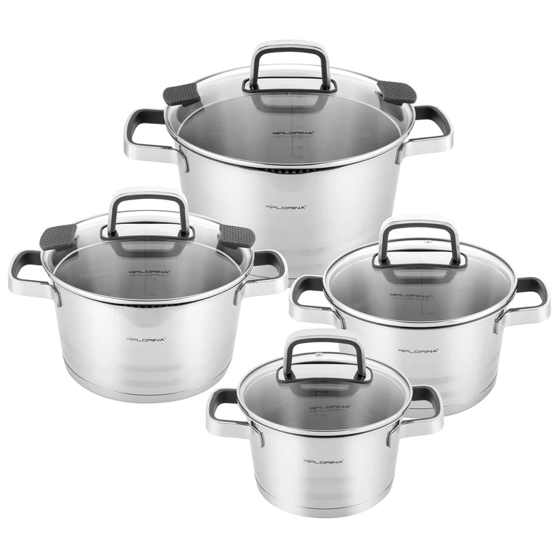 FLORINA Smart Cooking Pot Set, 8-Piece Pot Set Made of High-Quality Stainless Steel, Cooking Pots with Multifunctional Lid and Measuring Cup, Silicone-Covered Handles, Ideal for Induction Hobs, Gas