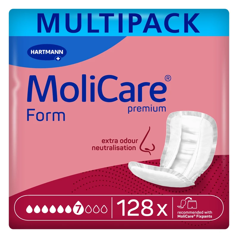 MoliCare Premium Form | 7 Drops | Large Incontinence Pads | Instant Dry Feeling All Day | Soft Material | Active Skin Protection | 4 Packs of 32 Pads (128 Pieces) | Absorbs up to 2598ml