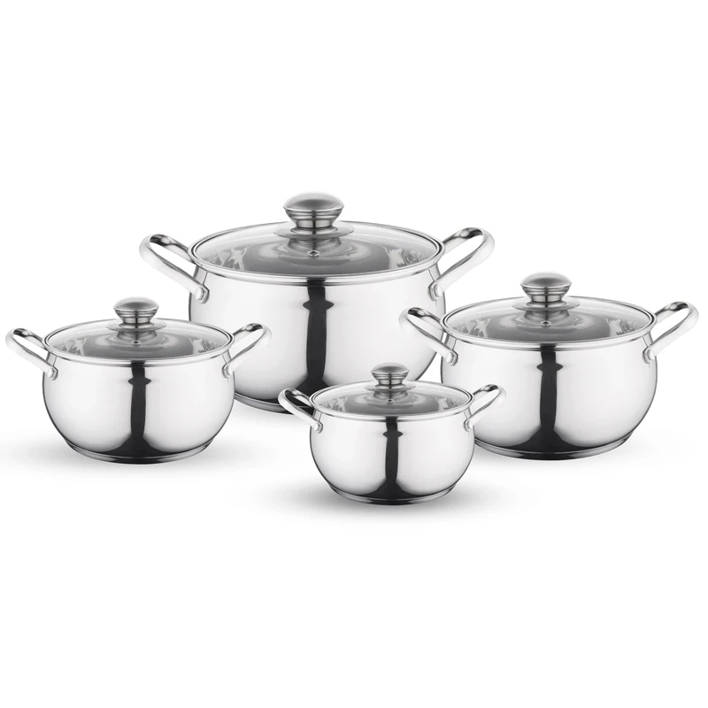 FLORINA Maron Cooking Pot Set, 8-Piece Pot Set Made of High-Quality Stainless Steel, Cooking Pots with Glass Lid and Measuring Cup, Dishwasher Safe, Ideal for Induction Hobs, Gas Hobs, Electric Hobs