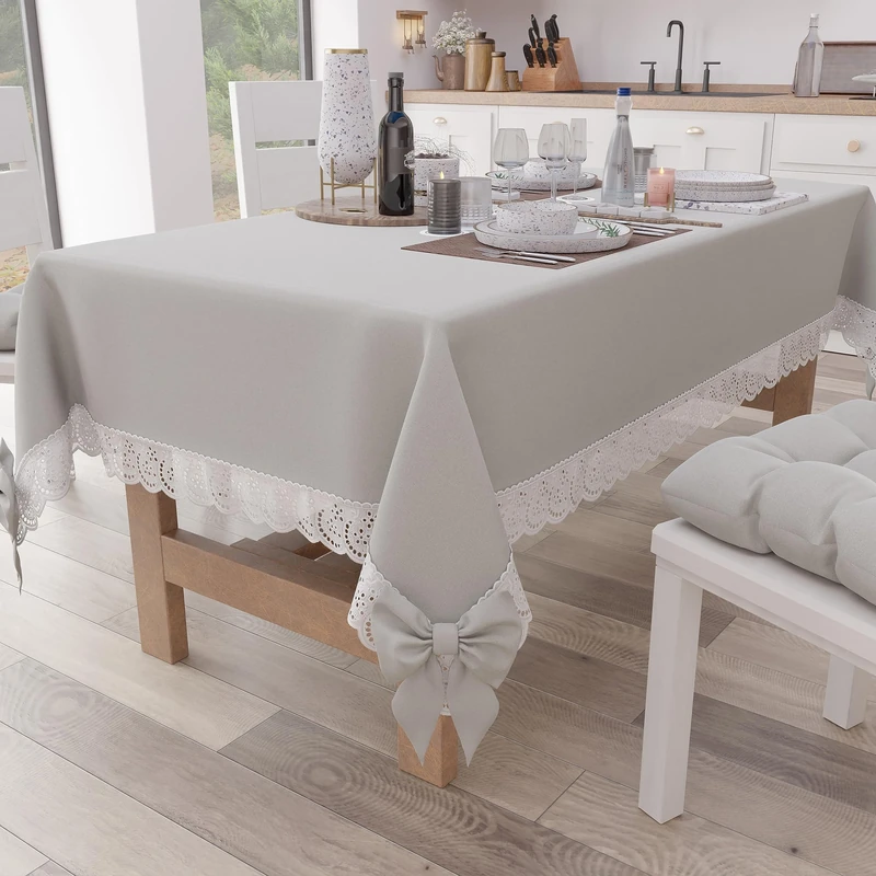 PETTI Artigiani Italiani - Tablecloth, Table Cloth, Rectangular Kitchen Tablecloth with Sangallo Lace and Bows, Plain Cotton Table Cover, X6 Seater (140 x 180 cm) Light Grey
