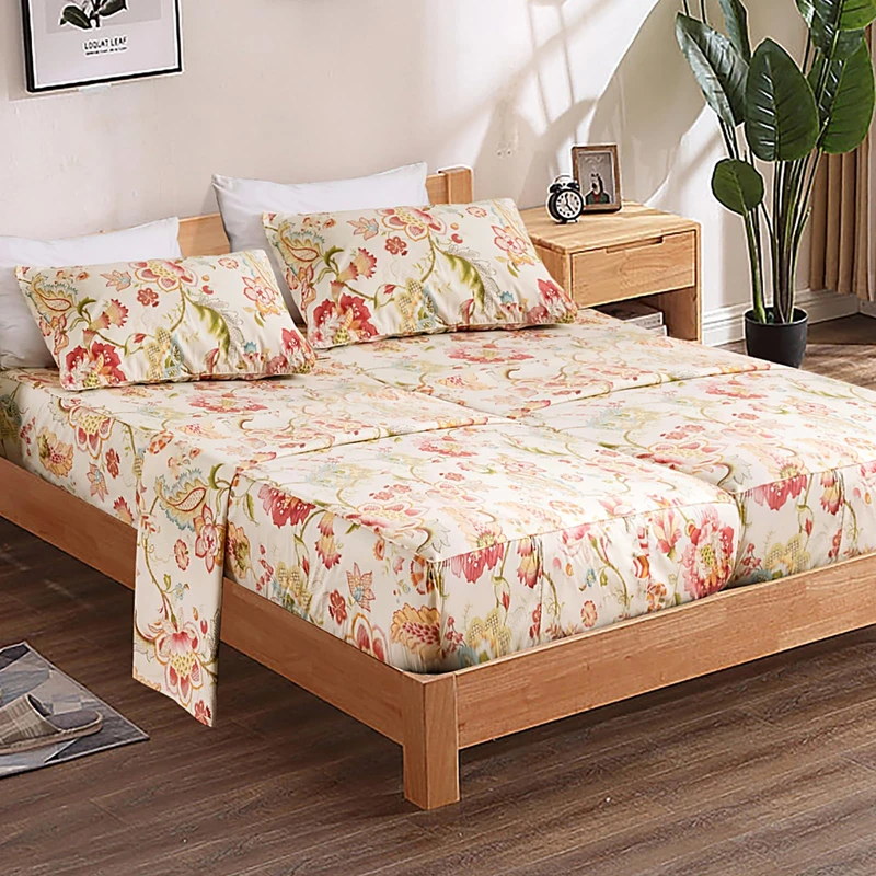 QSH 100% Egyptian Cotton Floral Sheets for Split King Size Bed, Red Yellow Flowers Plant Pattern Botanical Printed Bedding Deep Pockets 17" Soft and Breathable 4pcs