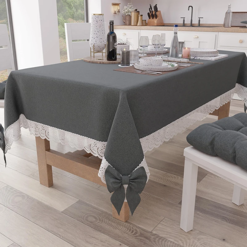 PETTI Artigiani Italiani - Tablecloth, Tablecloth, Rectangular Kitchen Tablecloth with Sangallo Lace and Bows, Plain Cotton Table Cover, X6 Seater (140 x 180 cm) Dark Grey